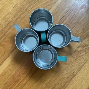 Set of Four Silver Metal Mugs with Teal Handles